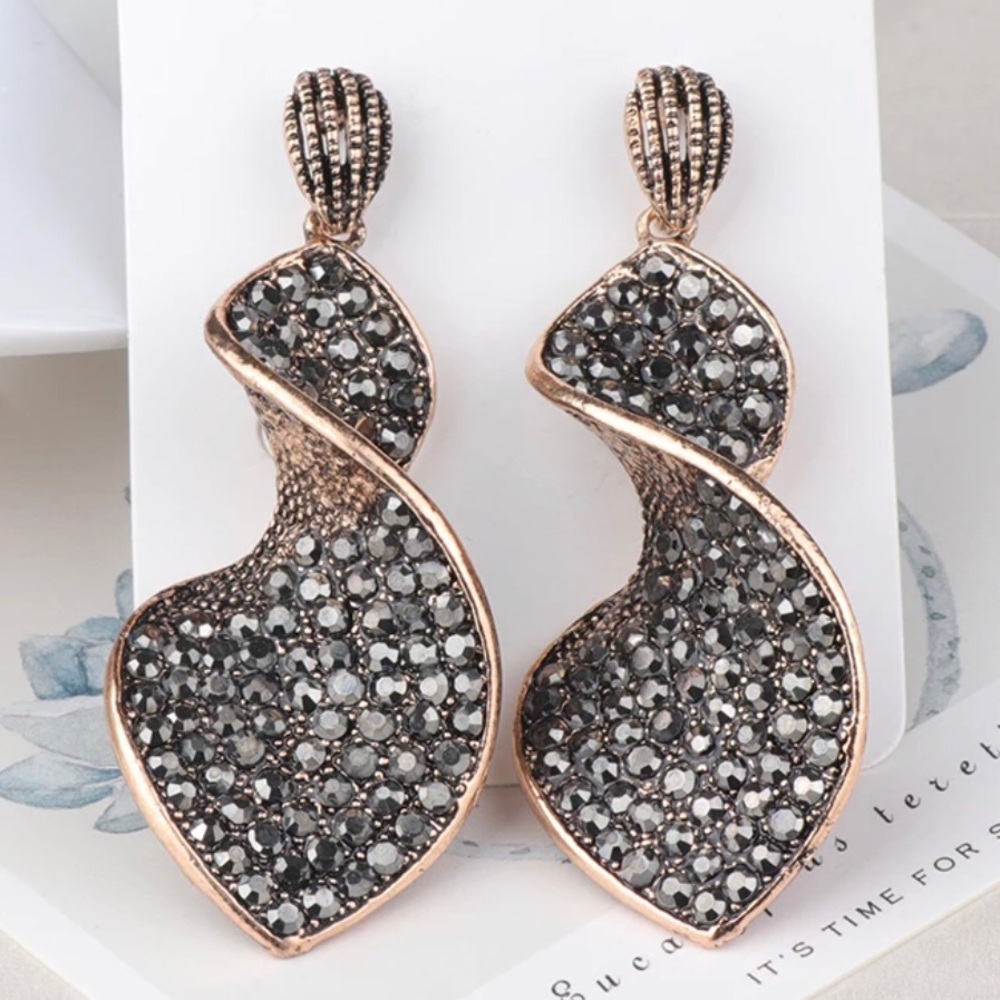 Twist Gold Grey Rhinestone Abstract Earrings Art Deco